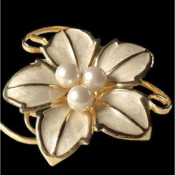 Vintage Brooch Ivory Enamel Pearl Gold Gilt MCM Estate Jewelry Flower Bud Pin - Picture 4 of 15